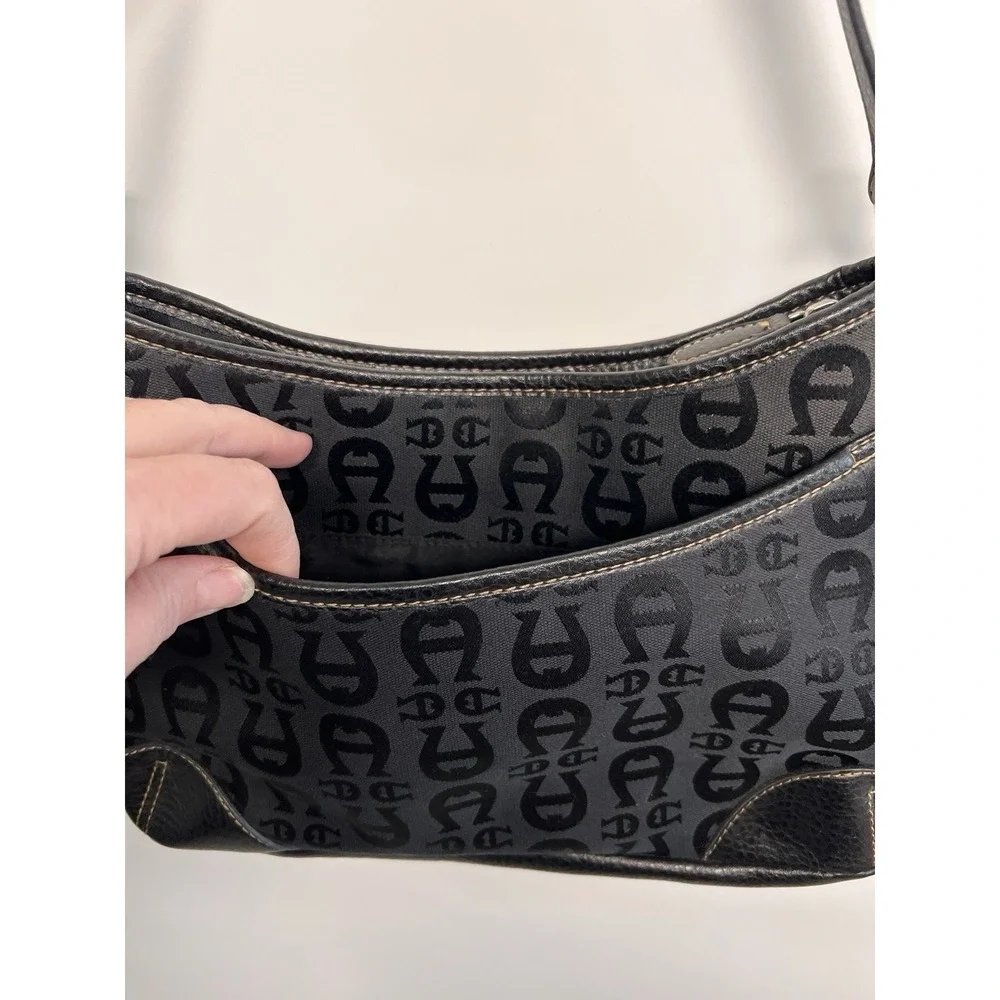 Aigner Black Logo Canvas Leather Trim Strap Shoulder Handbag Retro‎ Classic